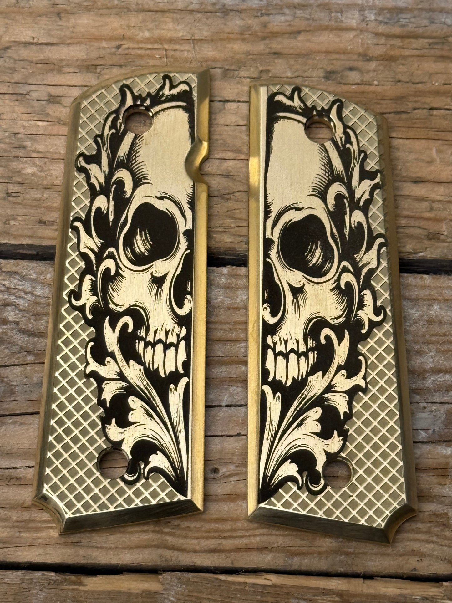 Custom Engraved Brass 1911 Skull Grips – Fearless Precision