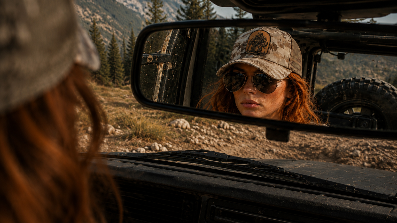 A woman with red hair wearing a camouflage baseball cap and sunglasses looks into the mirror of an off-road vehicle, with a mountain and pine forest in the background.