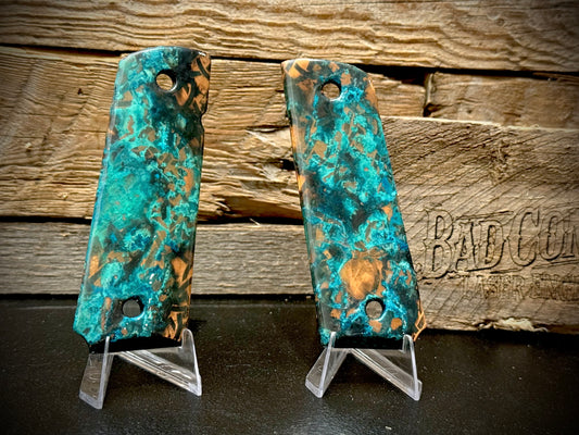 Custom Patinaed Curved Copper 1911 Grips – Shipwreck