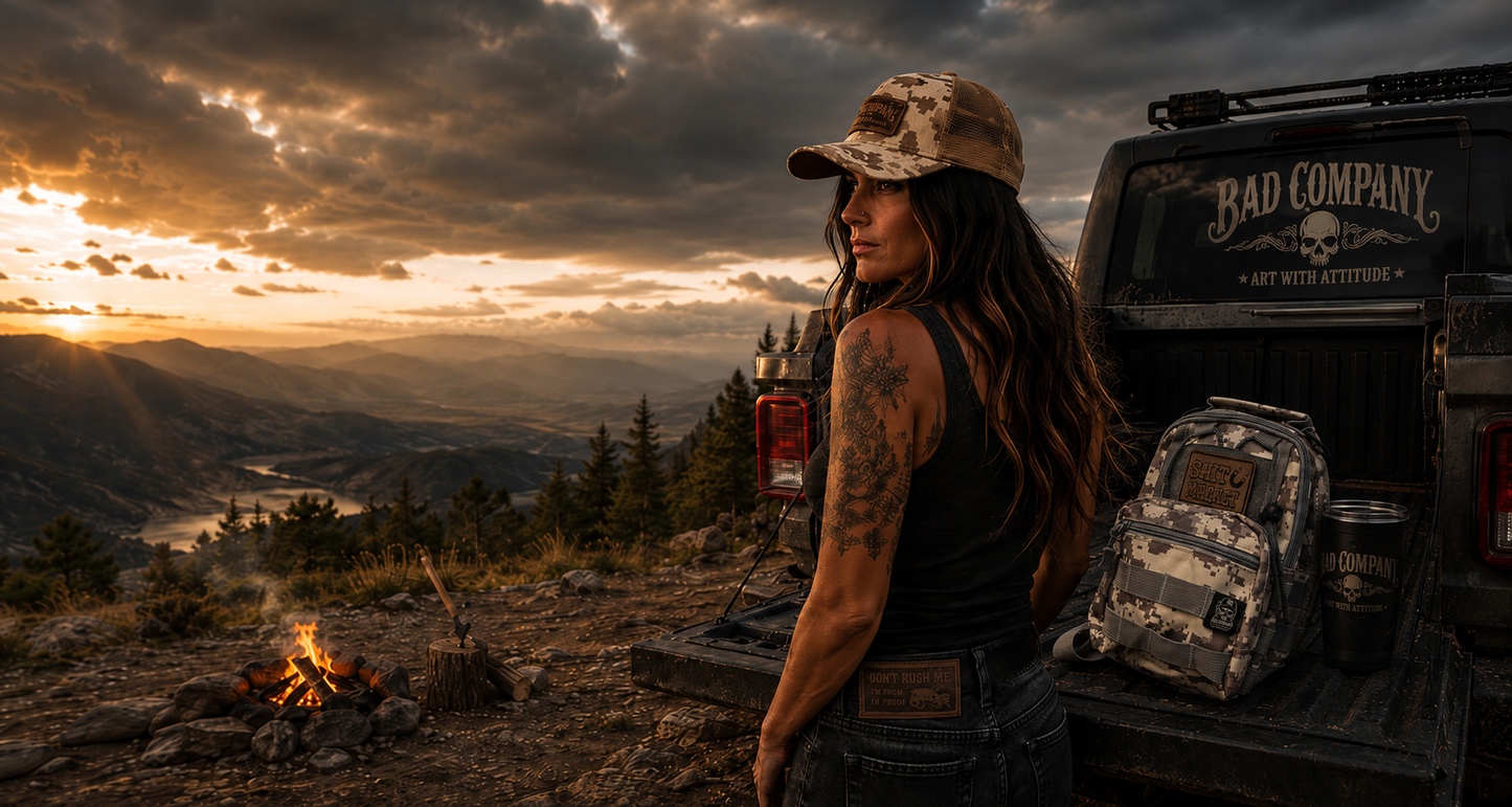 A woman stands beside a black pickup truck at sunset on a mountain trail, wearing a camouflage cap and black tank top. The back of the truck shows the Bad Company logo, and a matching camouflage backpack and mug sit on the truck bed. There is a Bad Decisions Camo Tactical Sling Bag on the tailgate with a "Shit Magnet" Morale Patch 