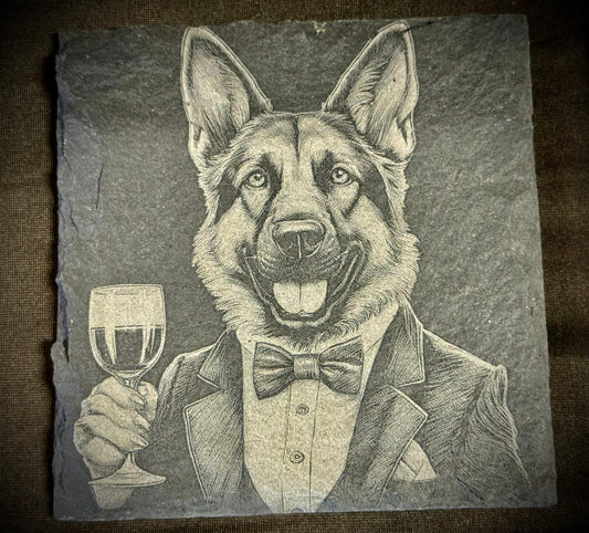 Dapper German Shepherd Slate Coaster – Engraved Stone Art