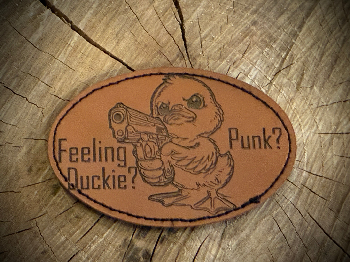Feeling Duckie? Punk? Leatherette Morale Patch – Velcro-Backed Armed Quacker