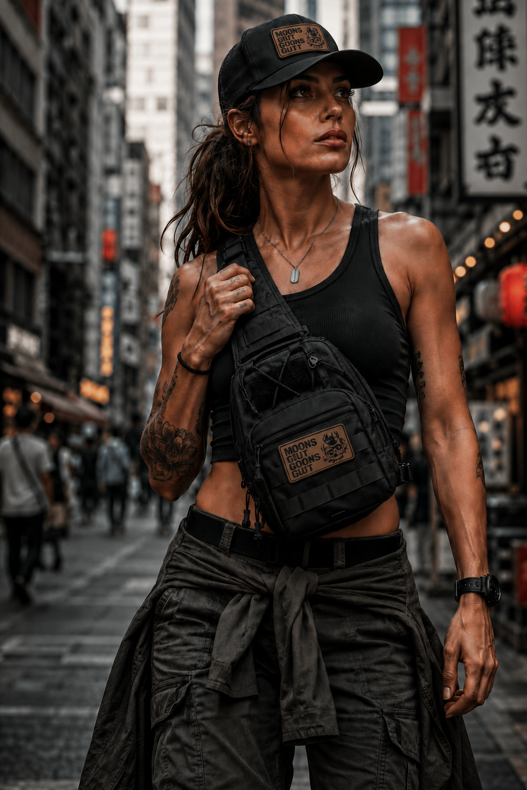 A woman standing on a city street wearing a black tactical sling bag across her torso, a black cap, a black tank top, and dark cargo pants. The bag has a visible rectangular patch that says "Moons Out Goons Out" 