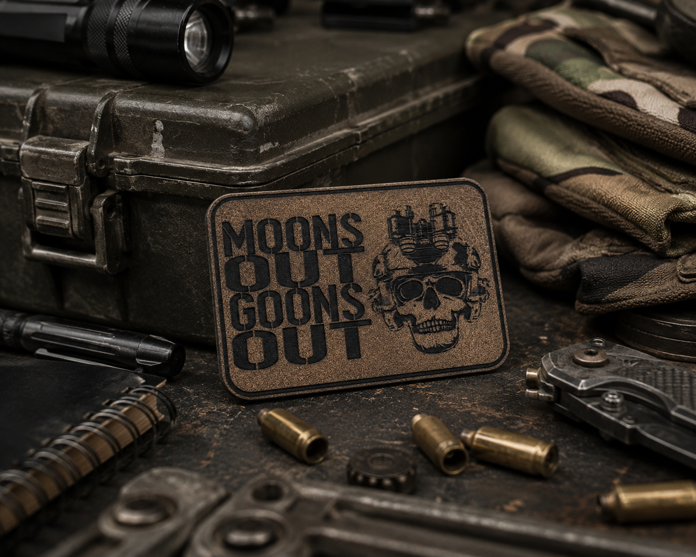 A rectangular tan tactical patch with black text reading 'MOONS OUT GOONS OUT' and a black skull-and-night vision goggles graphic, placed on a dark tabletop with bullets, a case, gloves, and other gear around it.