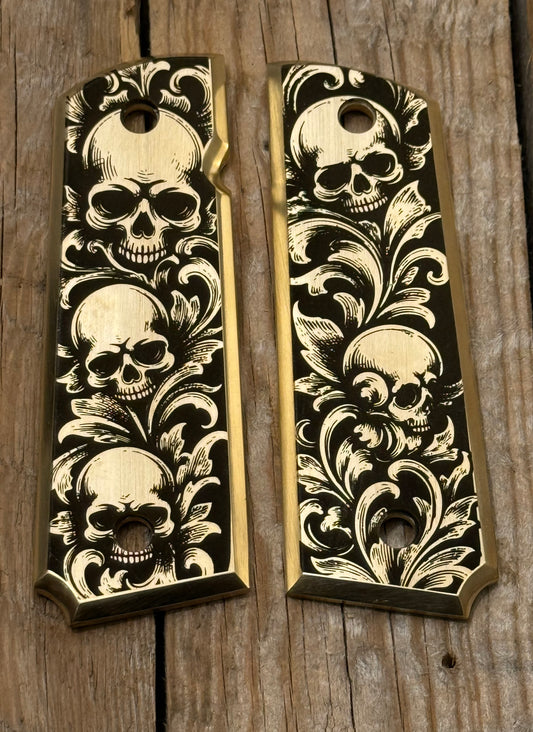 Skull-Engraved 1911 Grips – Death’s Grip Brass