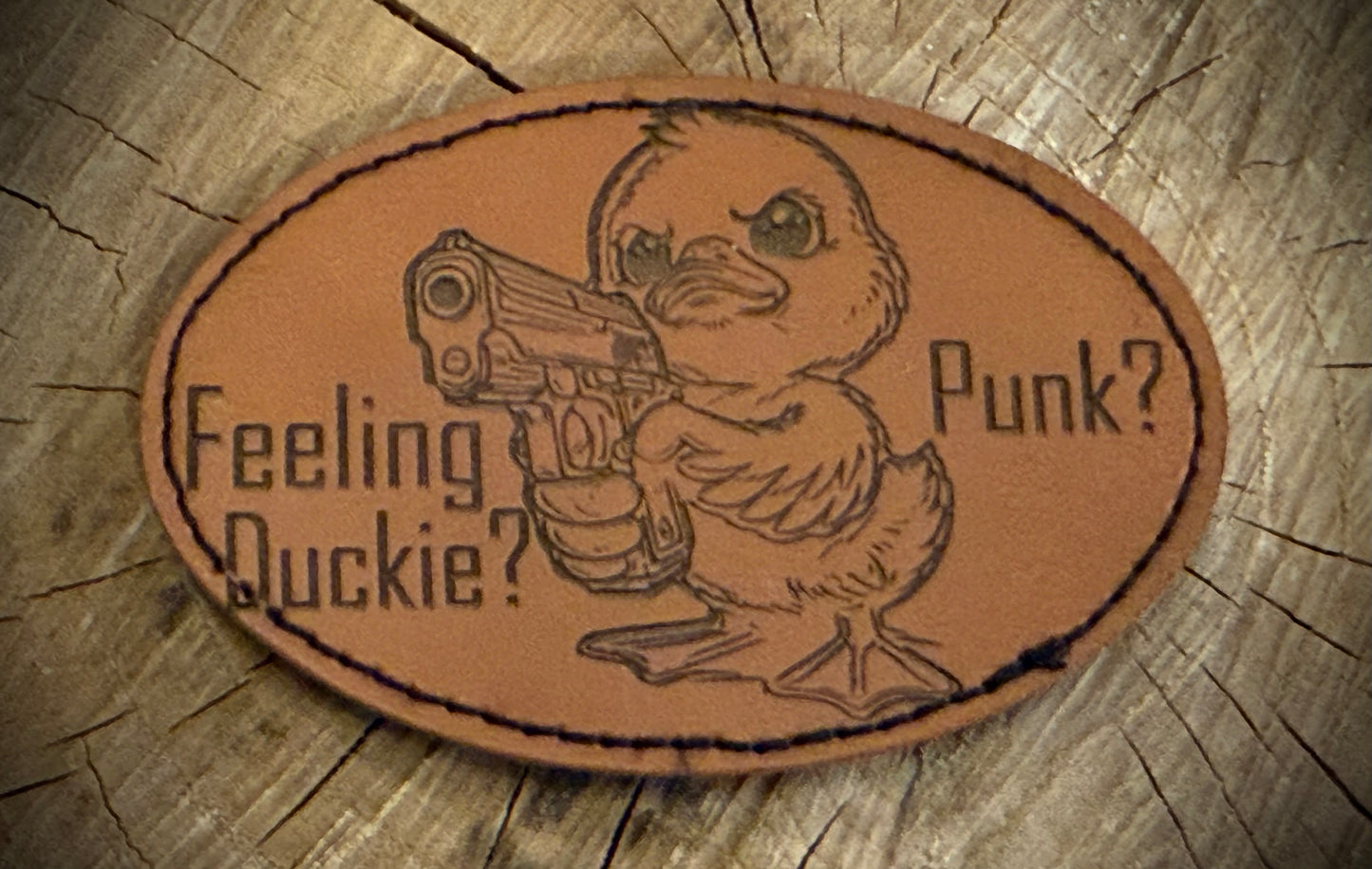 Feeling Duckie? Punk? Leatherette Morale Patch – Velcro-Backed Armed Quacker