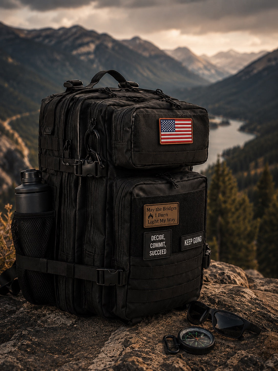 A black tactical backpack with an American flag patch and outdoor-themed patches, set on a rocky mountain ledge with a scenic mountain and lake background.