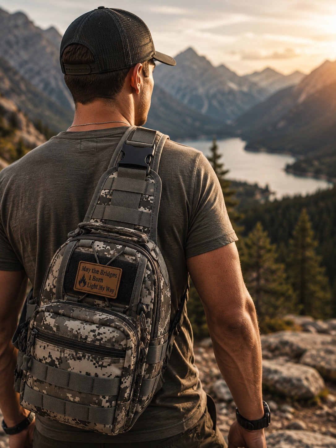 A man wearing a black baseball cap and olive green t-shirt stands on a mountain peak with a scenic lake and pine forest in the background, wearing a digital camouflage sling backpack with a brown leather patch that reads "May the Bridges I burn Light my Way" 