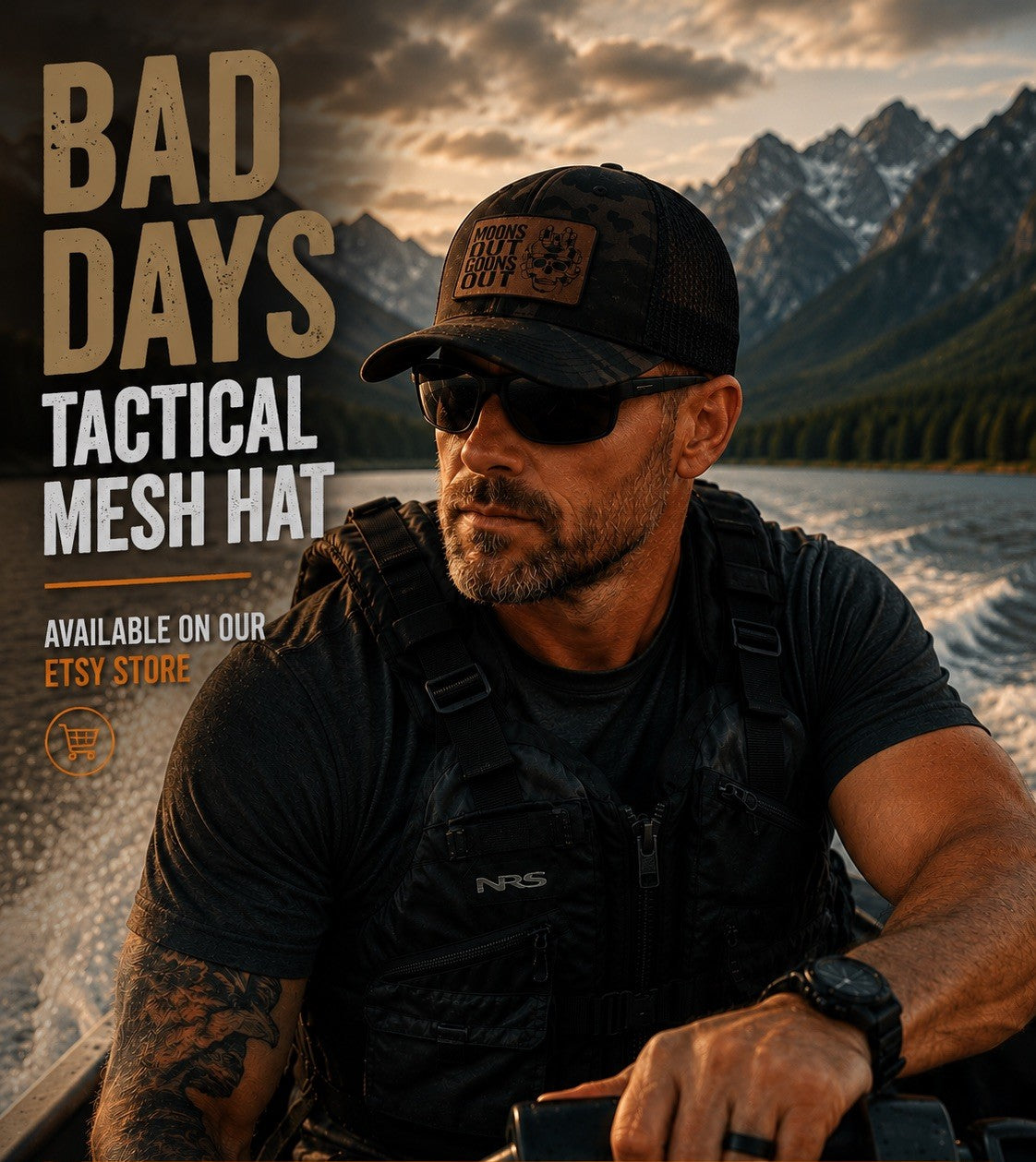 A man wearing a black tactical mesh hat with a brown patch reading 'Moons Out Goons Out' and a black cap, photographed on a boat with mountains in the background. Large text on the left reads 'BAD DAYS TACTICAL MESH HAT' and 'AVAILABLE ON OUR ETSY STORE'.