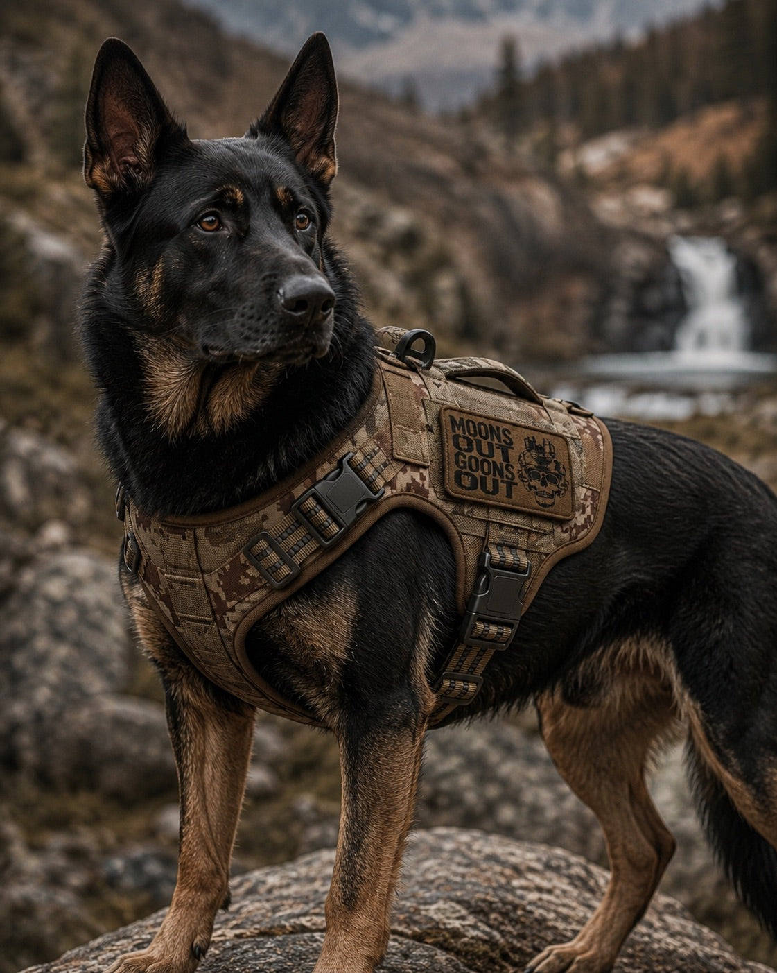 A German Shepherd standing outdoors on a rock in a mountain setting, wearing a tan tactical dog harness with a visible 'Moons Out Goons Out' patch.