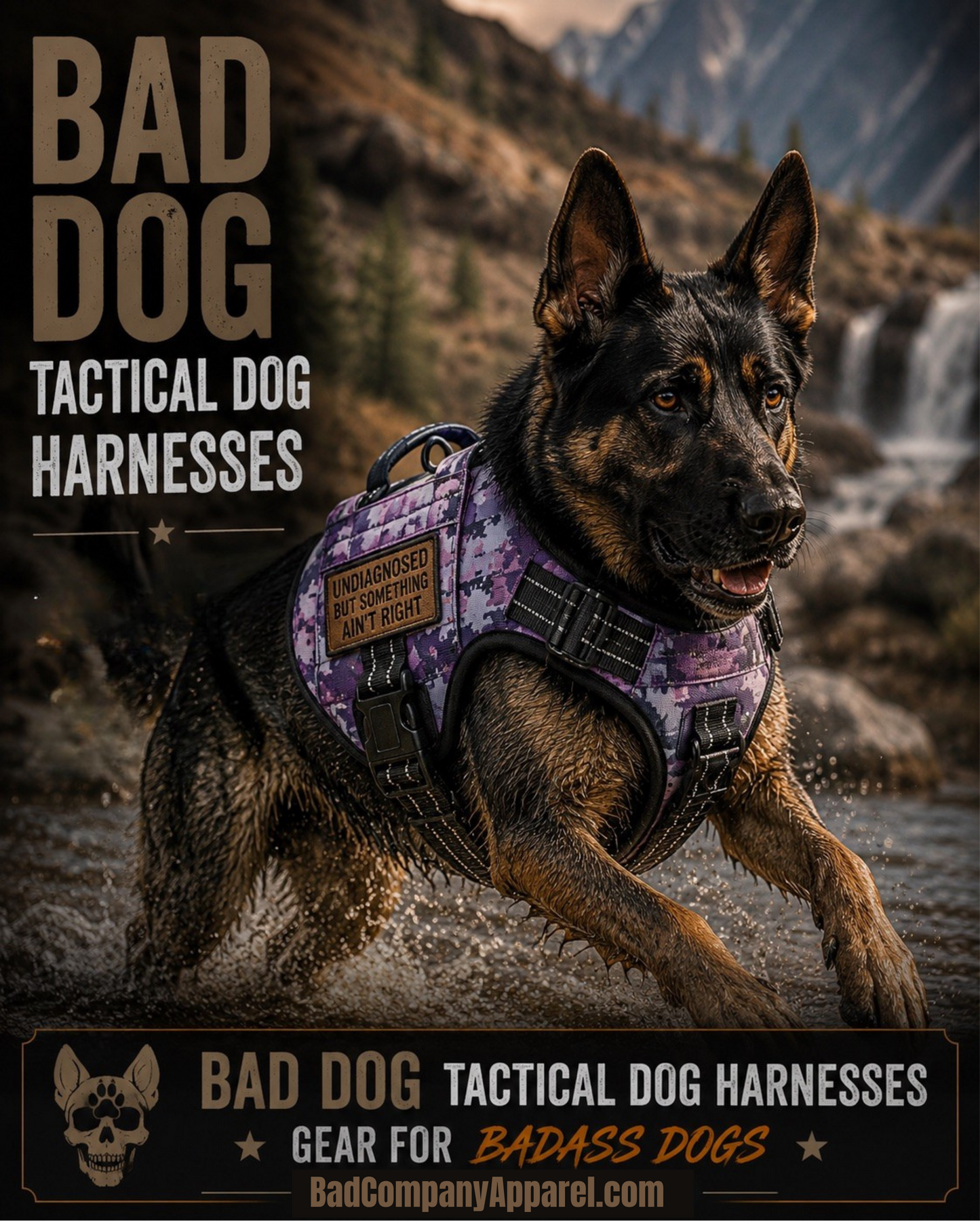 A German Shepherd running through shallow water wearing a purple camouflage tactical harness with black straps. The harness sports a Brown leatherette morale patch that states "Undiagnosed but Something Ain't Right".  Large text on the left reads 'BAD DOG TACTICAL DOG HARNESSSES,' and a black banner at the bottom includes the brand name Bad Dog Tactical Dog Harnesses.