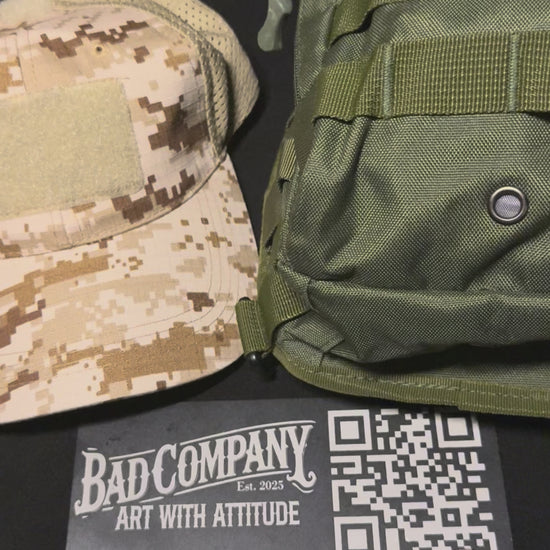 Demonstration of morale patch hook and loop /velcro-style backing and their ability to transfer between products and change the look of each 