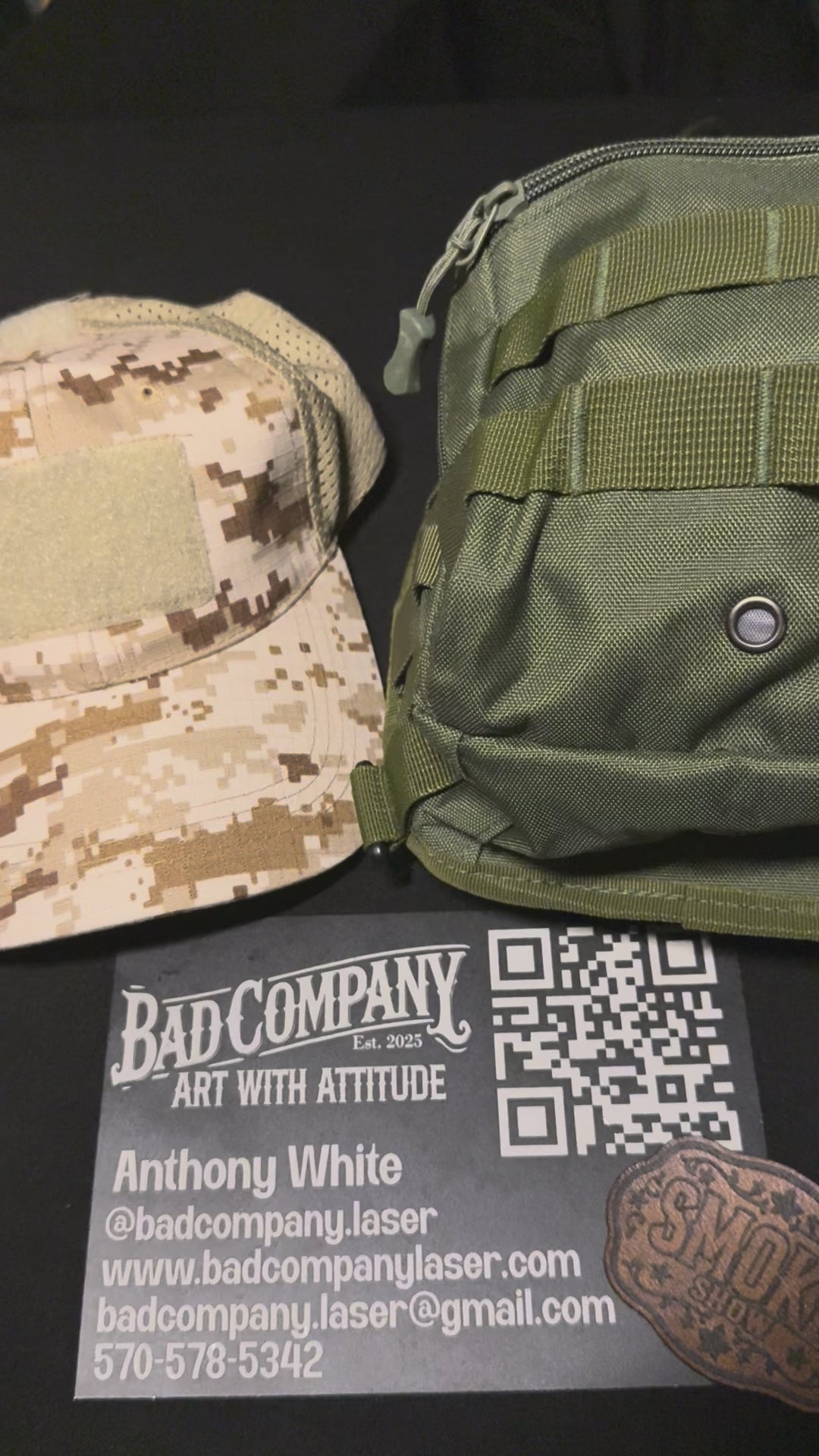 Demonstration of morale patch hook and loop /velcro-style backing and their ability to transfer between products and change the look of each 